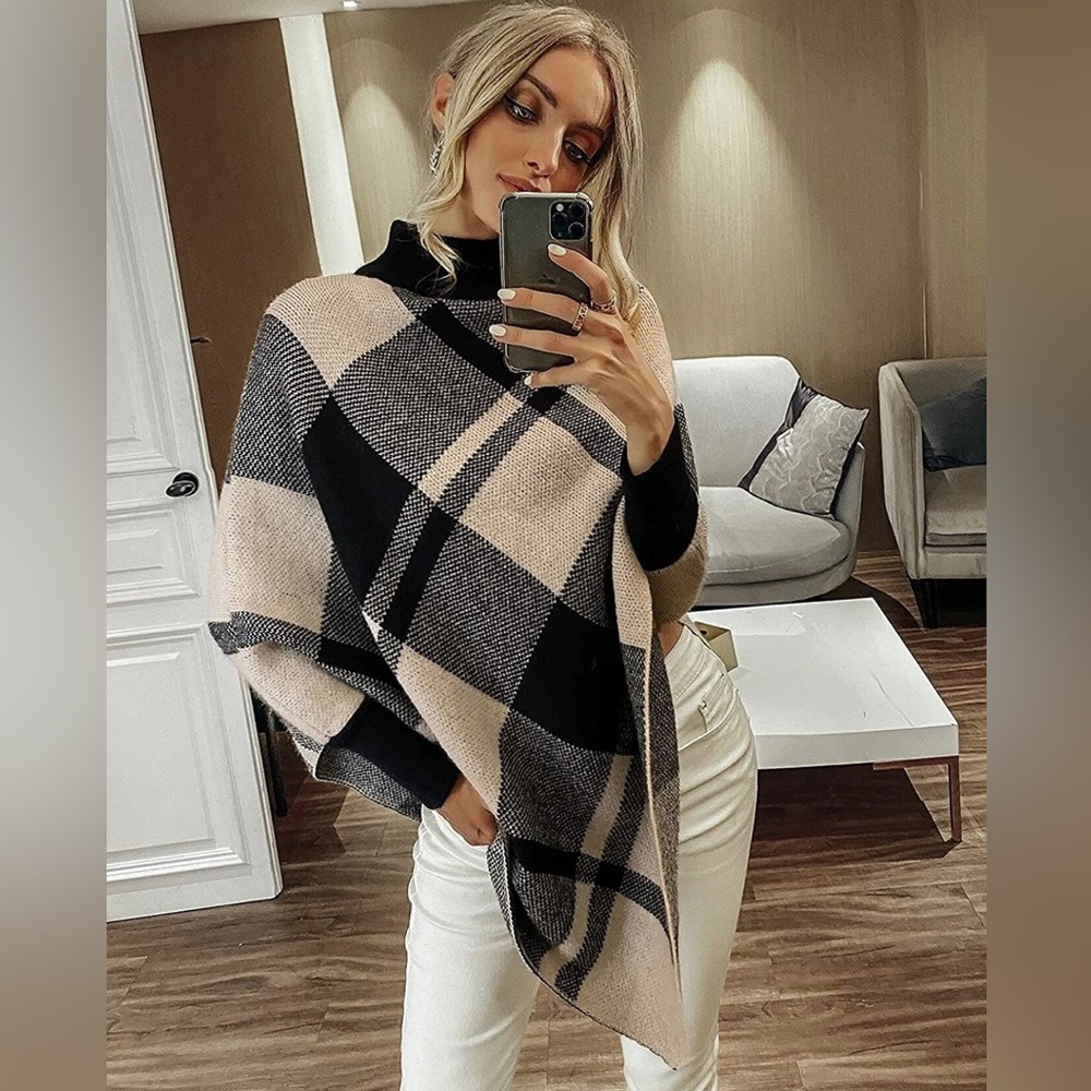 Plaid tan and black turtleneck sweater